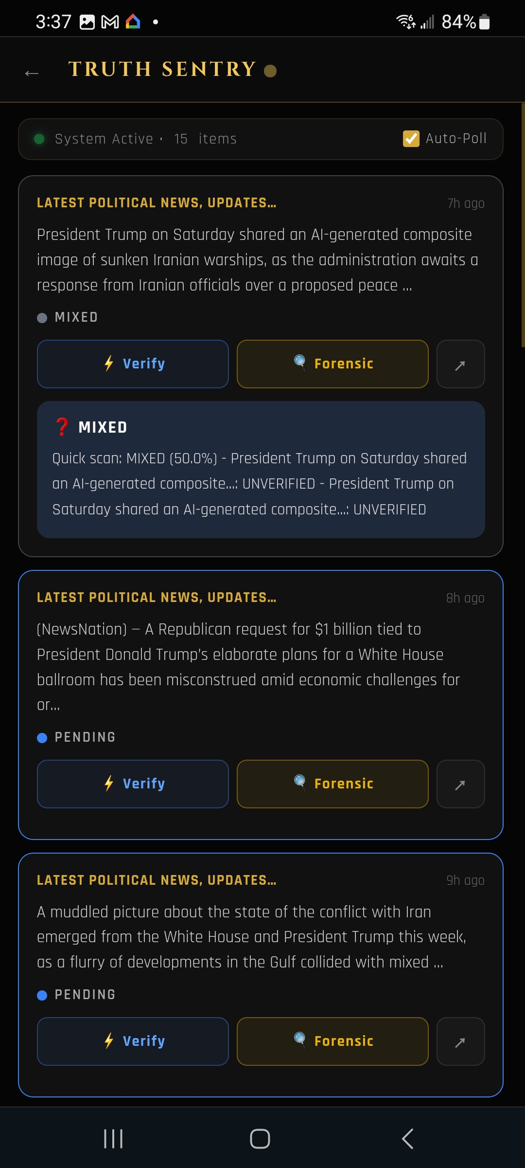TruthSentry — Verify button shows percent truth score